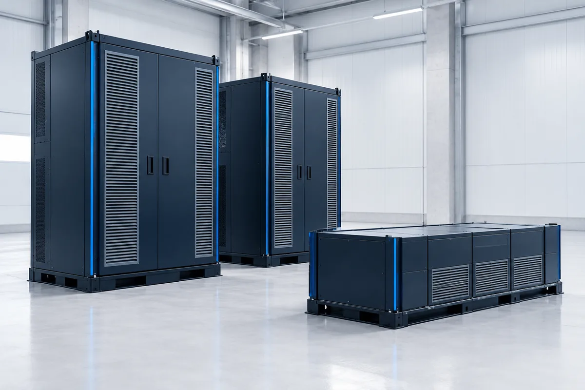 Concept illustration of commercial storage cabinets and a modular converter in a spacious equipment environment.