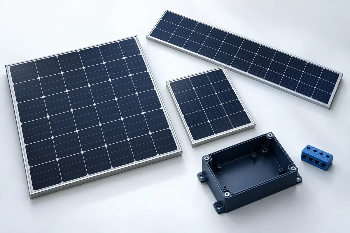 Concept illustration of differently sized solar modules with an unbranded equipment enclosure and a separate connector block.