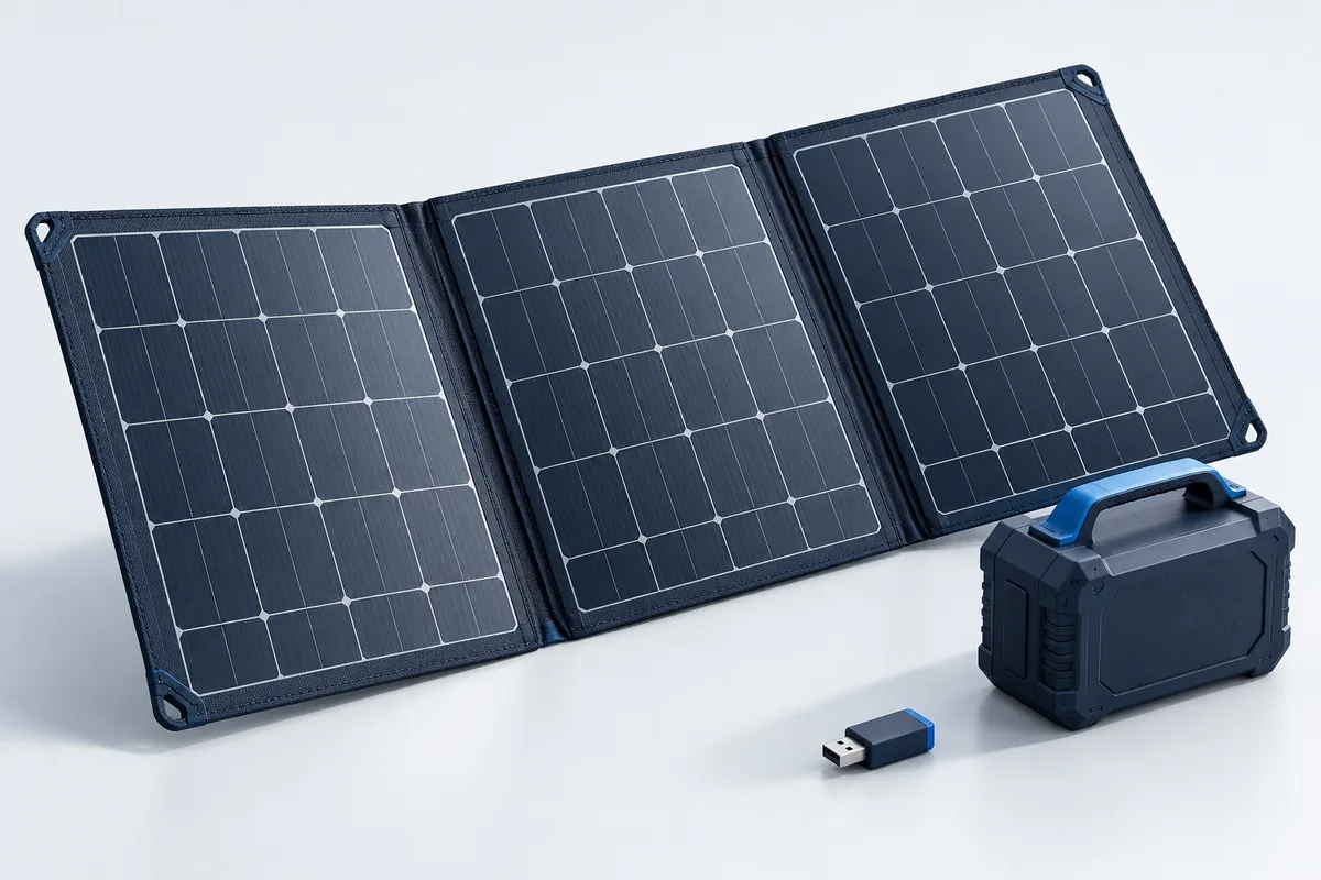 Concept illustration of a folding solar array beside a portable field device and a separate USB-style interface.