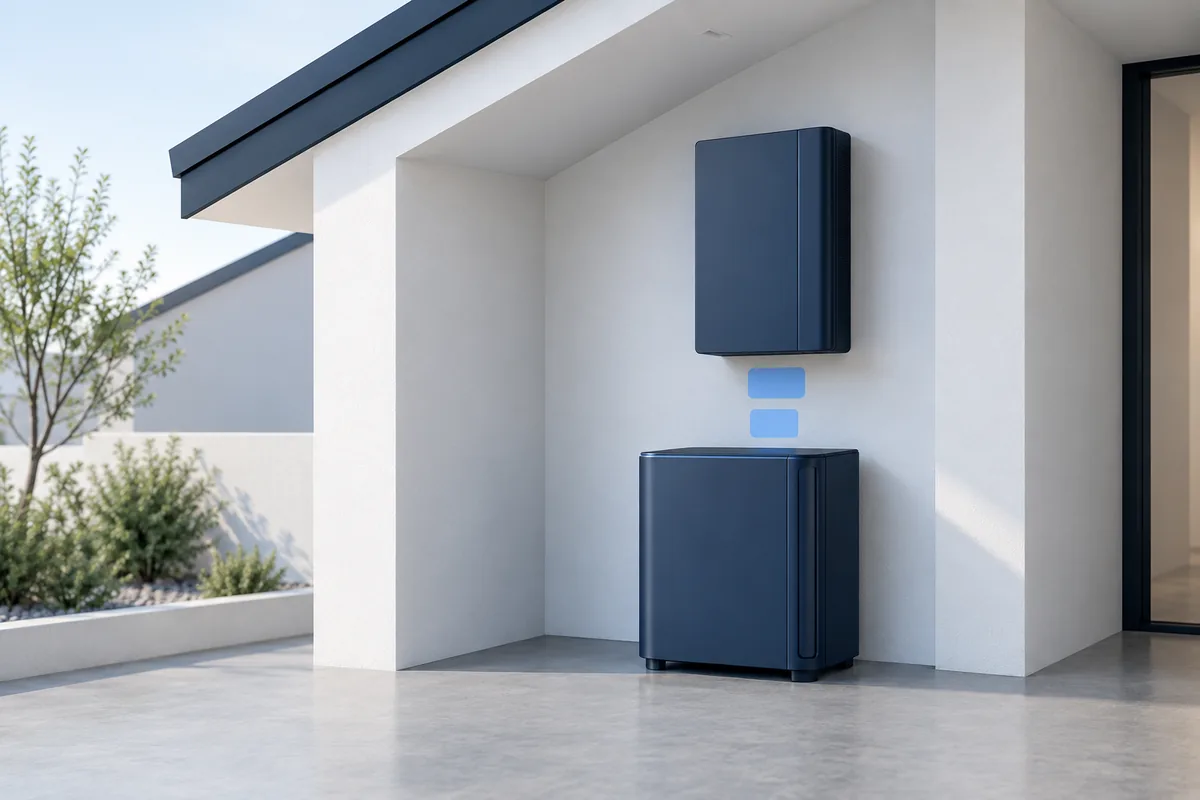Concept illustration of a home-energy setting with a wall unit, floor battery and separate interface shapes.