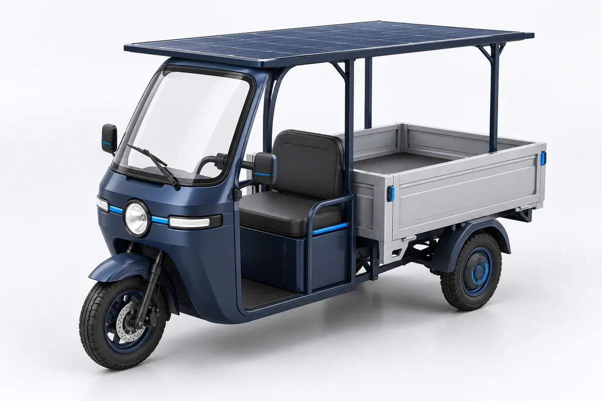 Concept illustration of a small three-wheel utility vehicle with a lightweight solar canopy.
