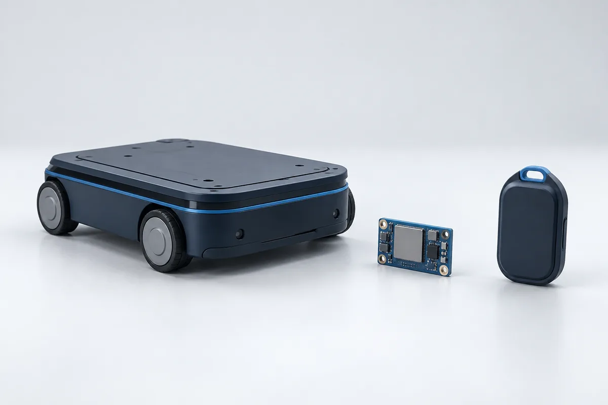Concept illustration of a compact AGV platform, a separate tag and a small module for ranging evaluation.